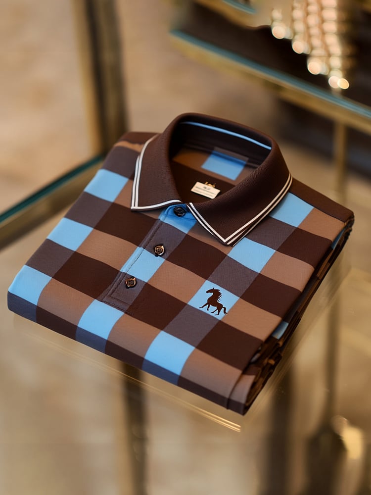 Men's Classic Business Check Button Short Sleeve Polo Shirt