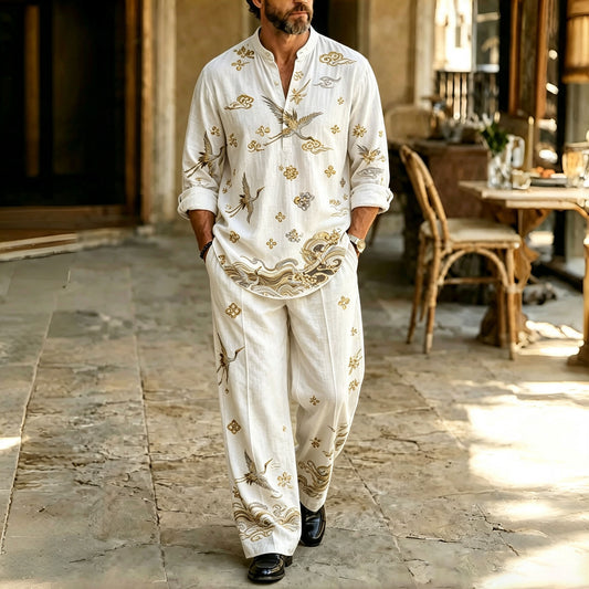 Men's Ethnic-Print Stand-Collar Polo Shirt and Pants Set