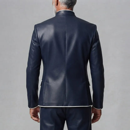Men's Navy Blue PU Leather Stand Collar Contrast Piping Double-Breasted Jacket