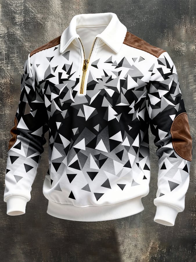 Men's Retro Color Block Print Zipper Sweatshirt