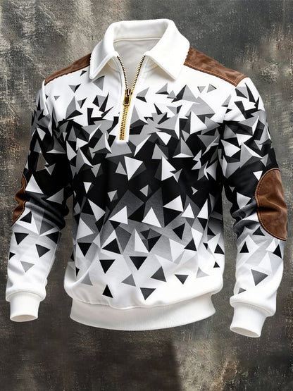 Men's Retro Color Block Print Zipper Sweatshirt