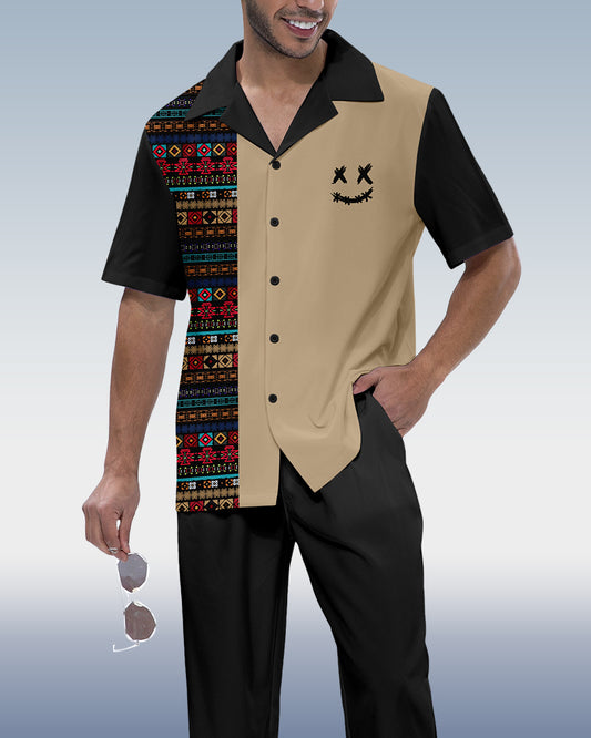 Rianmond Men's Vintage Colorblock Print Short Sleeve Shirt Walking Set 569