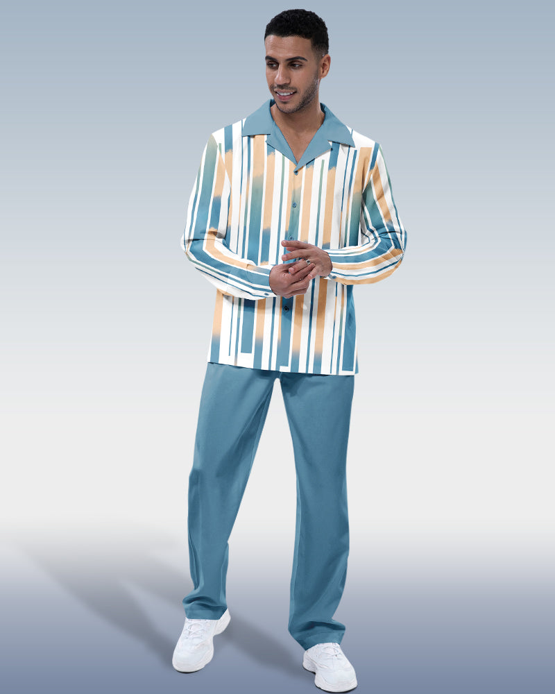 Suitmens Men's Blue Vertical Stripe Long Sleeve Walking Suit
