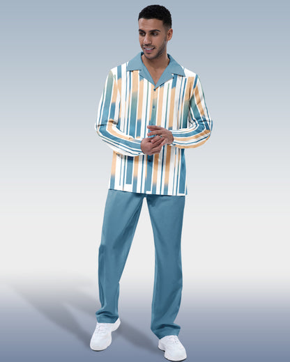 Suitmens Men's Blue Vertical Stripe Long Sleeve Walking Suit