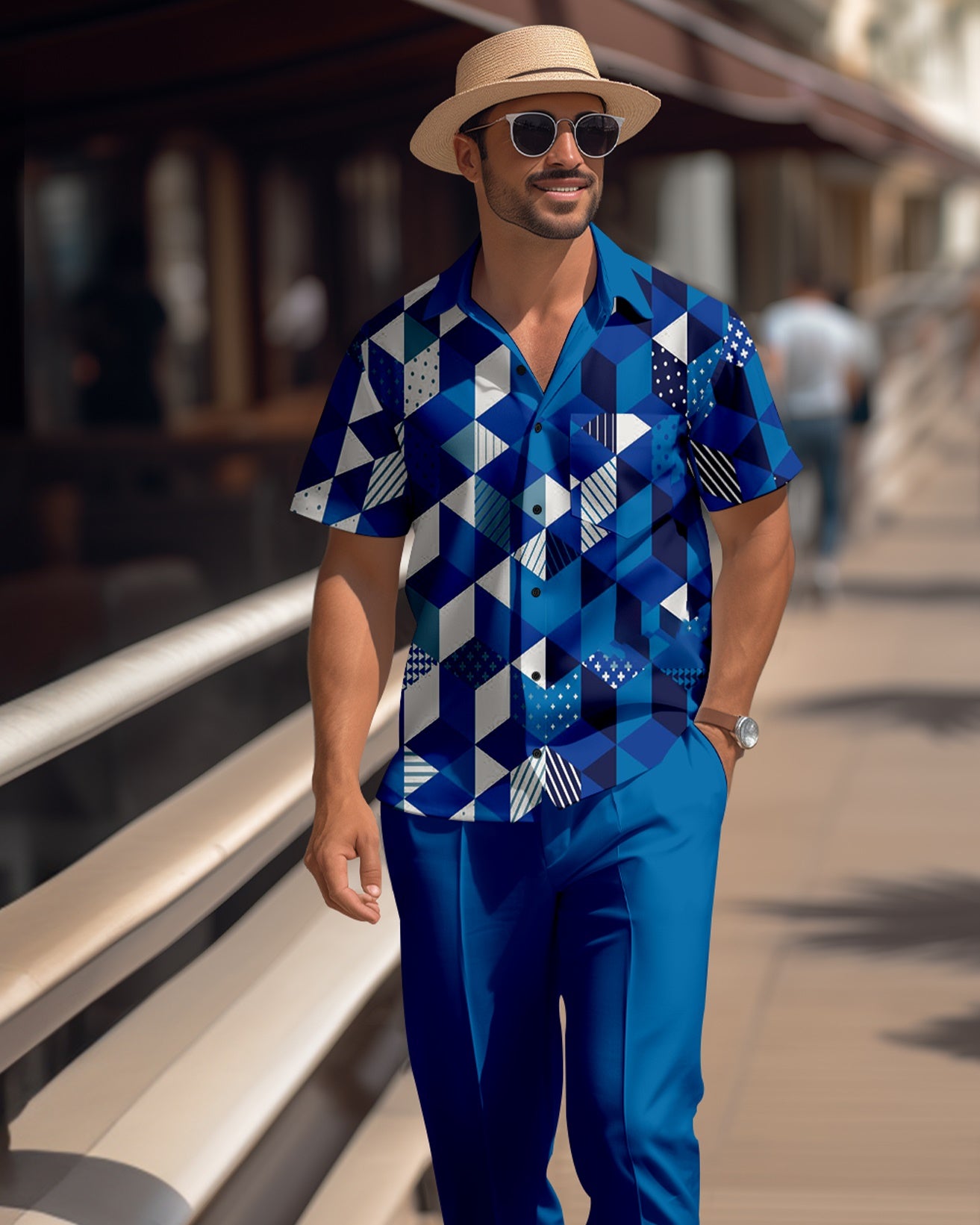 Men's retro colorblock short-sleeved shirt walking Suit 1672