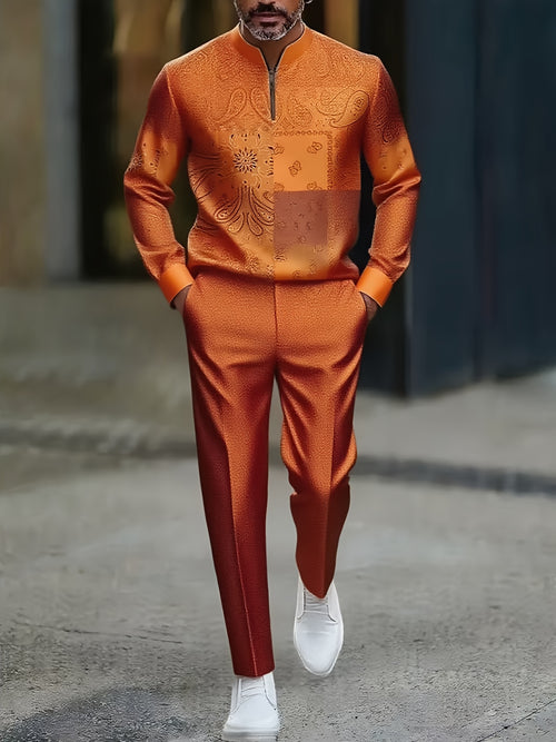 Men's Casual Color Flower Printed Round-Neck Zipper Long Sleeved Trousers Orange Two-Piece Set