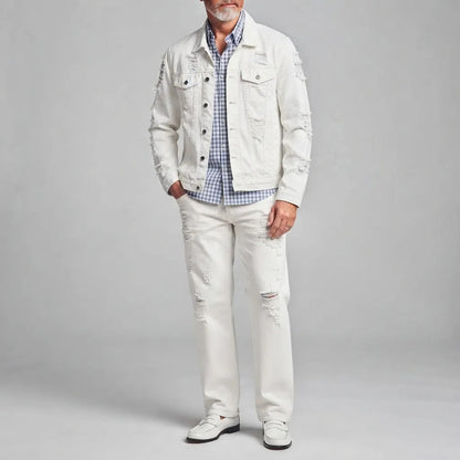 Men's White Distressed Ripped Single-Breasted Multi-Pocket Denim Jacket