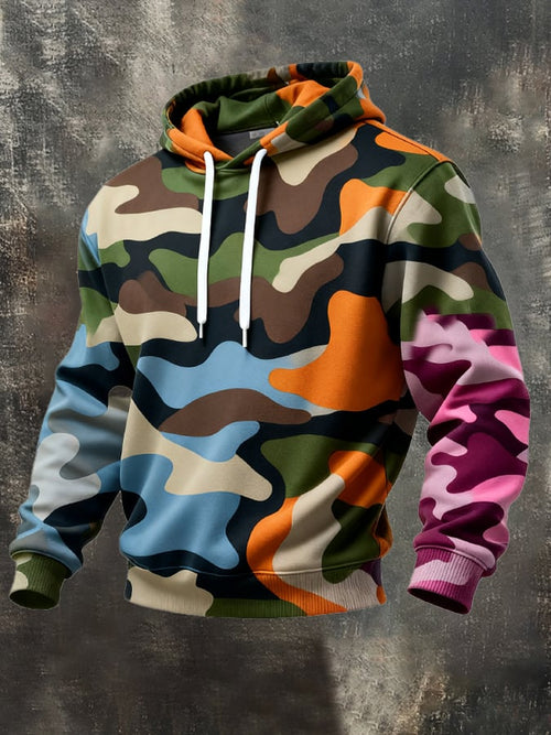 Men's Retro Distressed Color Block Camouflage Print Casual Long Sleeve Sweatshirt