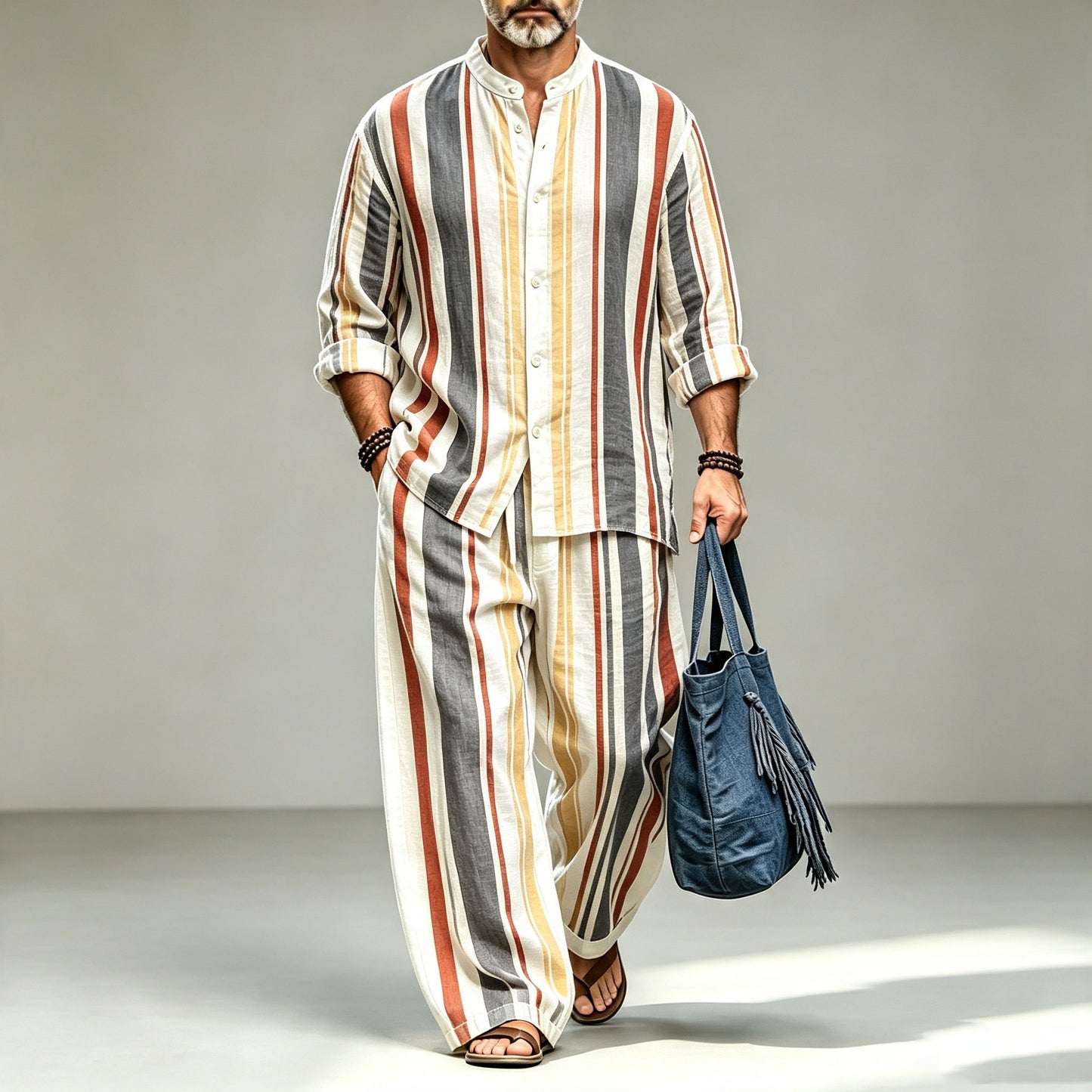 Men's Striped Print Stand-Collar Long-Sleeve Shirt and Pants Set