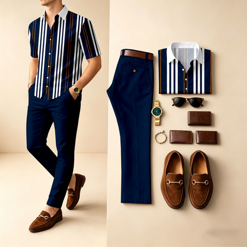 Men's Casual Black & White Stripes Printed Polo Shirt And Pants Two-Piece Set