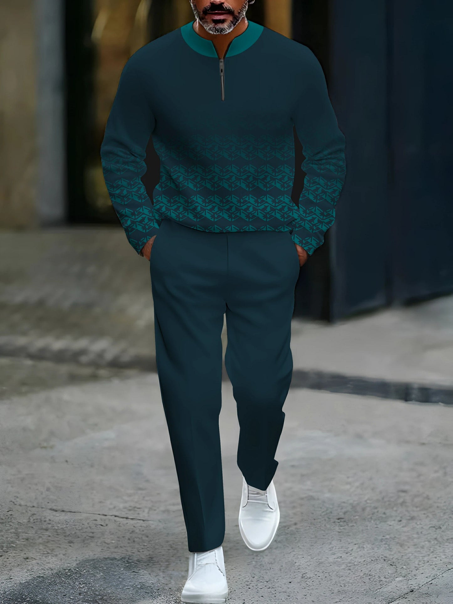 Men's Casual Green Color Matching Gradien Vintage Printed Round-Neck Zipper Long Sleeved Tops & Trousers Two-Piece Set