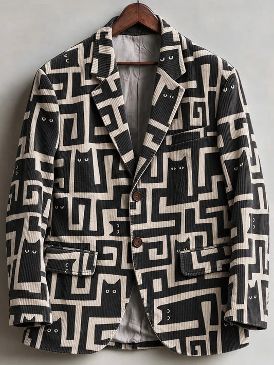Men's Vintage Labyrinth Cat Art Print Casual Blazer