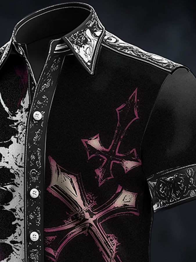 Men's Casual Dark Skull Art Satin Shirt