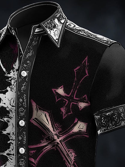 Men's Casual Dark Skull Art Satin Shirt