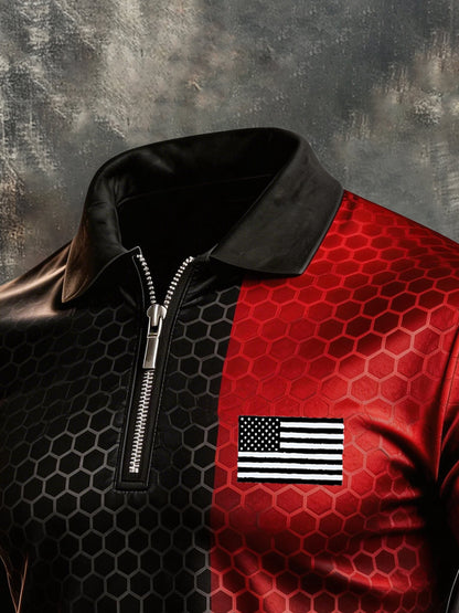 Men's Retro "Patriot" Color-Block Short-Sleeve Half-Zip Polo Shirt