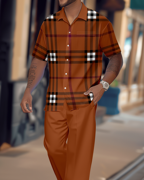 Men's Gradient Color Block Short Sleeve Shirt Walking Suit 1156