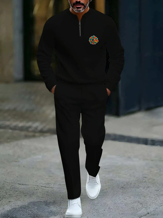 Men's Casual Black Color Matching Christmas Printed Round-Neck Zipper Long Sleeved Sweatshirt & Trousers Two-Piece Set