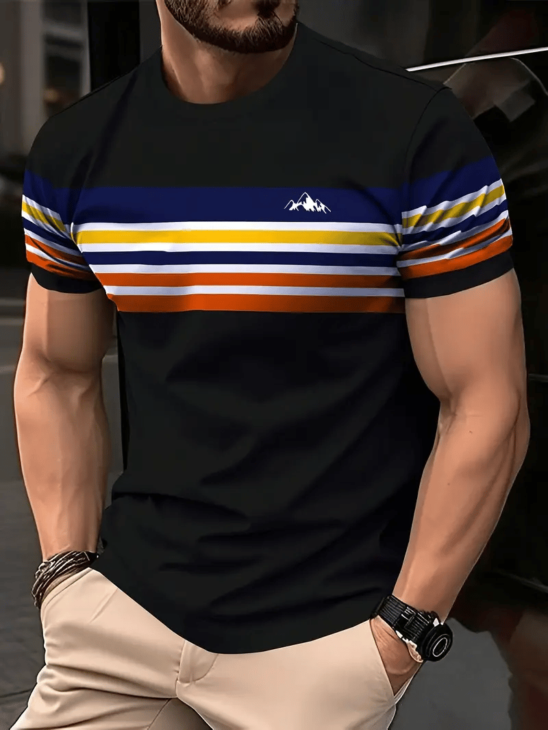 Men's Business Stripe Logo Print Short Sleeve T-Shirt