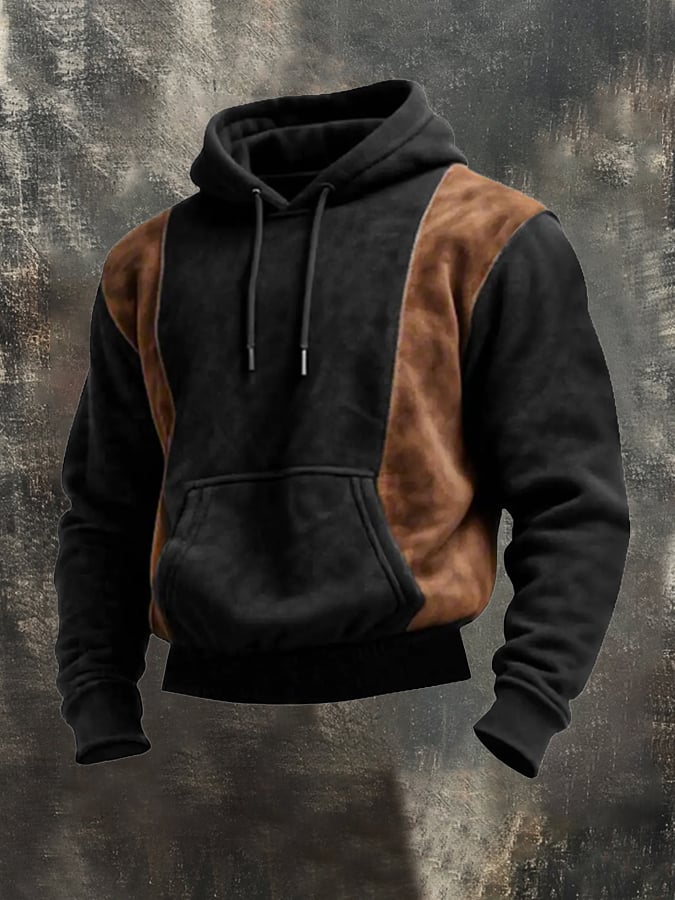 Men's Retro Stitching Contrast Color Hooded Casual Sweatshirt Suit