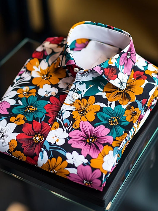 Men's Satin Luxe Hawaiian Compact Floral Short Sleeve Button-Down Shirt