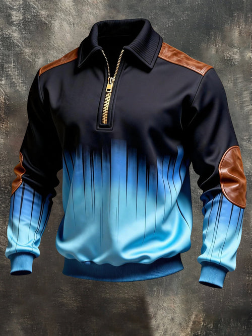 Men's Vintage Color-Block Printed Zip-Up Hoodie