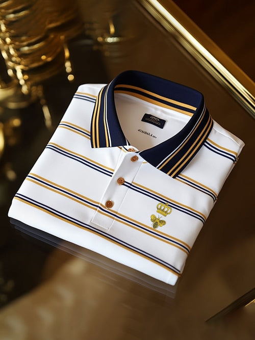 Men's Classic Business Check Logo Button Short Sleeve Polo Shirt