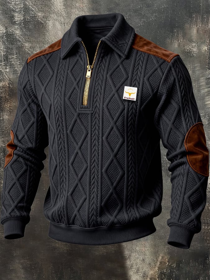 Men's Retro Jacquard Textured Patchwork Comfortable Color-Blocked Zip-Up Sweatshirt