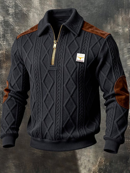 Men's Retro Jacquard Textured Patchwork Comfortable Color-Blocked Zip-Up Sweatshirt
