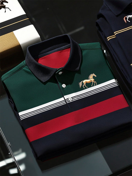 Men's Casual Business Stripe Print Button-Down Short Sleeve Polo Shirt