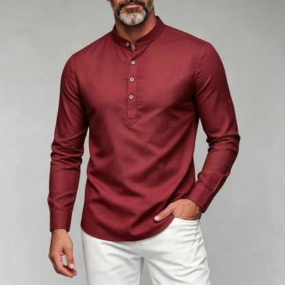Men's Slim-Fit Shirt with Stand-Up Collar and Half-Open Front