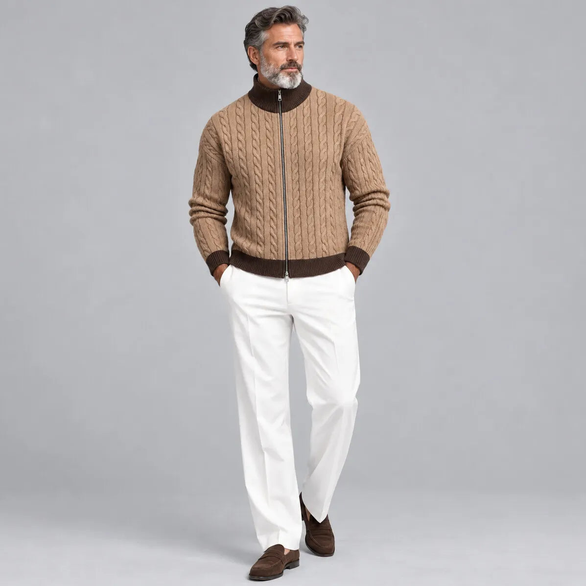 Men's Gray Contrast Trim Stand Collar Cable Knit Zip-Up Cardigan
