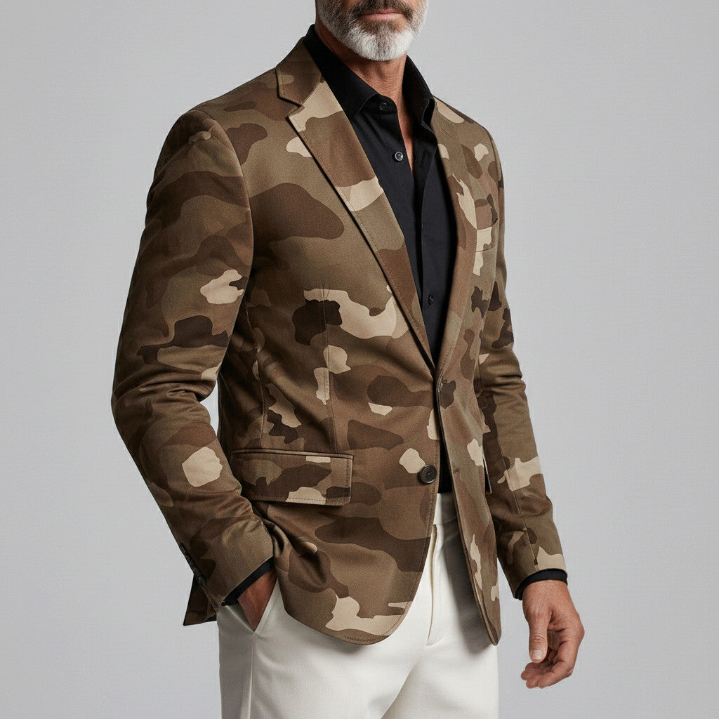 Men's Retro Camouflage Print Notched Lapel Two Button Slim Long Sleeve Blazer