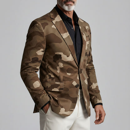 Men's Retro Camouflage Print Notched Lapel Two Button Slim Long Sleeve Blazer