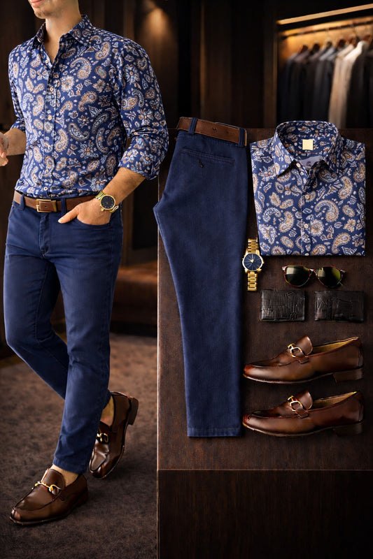 Men's Casual Royal Blue Printed Long-Sleeved Shirt And Trousers Two-Piece Set