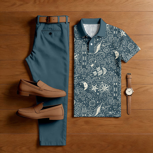Men's Casual Moon Printed Polo Shirt And Pants Two-Piece Set