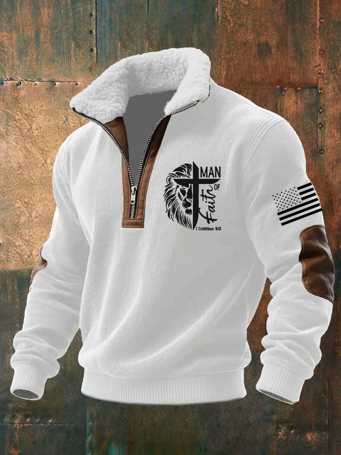 Men's Faith Print Knitted Fabric Zipper Fur Collar Long-Sleeved Sweatshirt