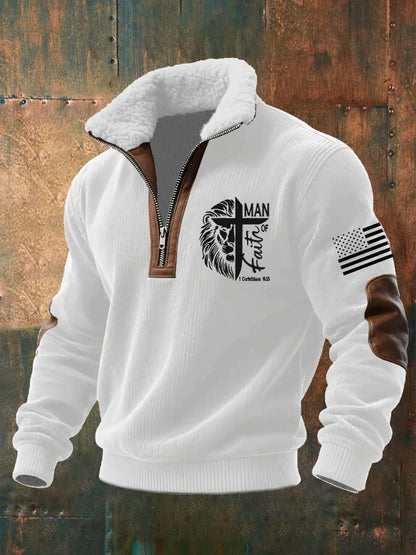 Men's Faith Print Knitted Fabric Zipper Fur Collar Long-Sleeved Sweatshirt