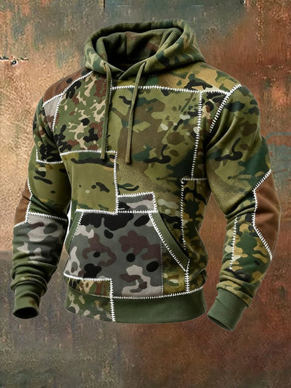 Men's Retro Distressed Color Block Camouflage Print Casual Long Sleeve Sweatshirt