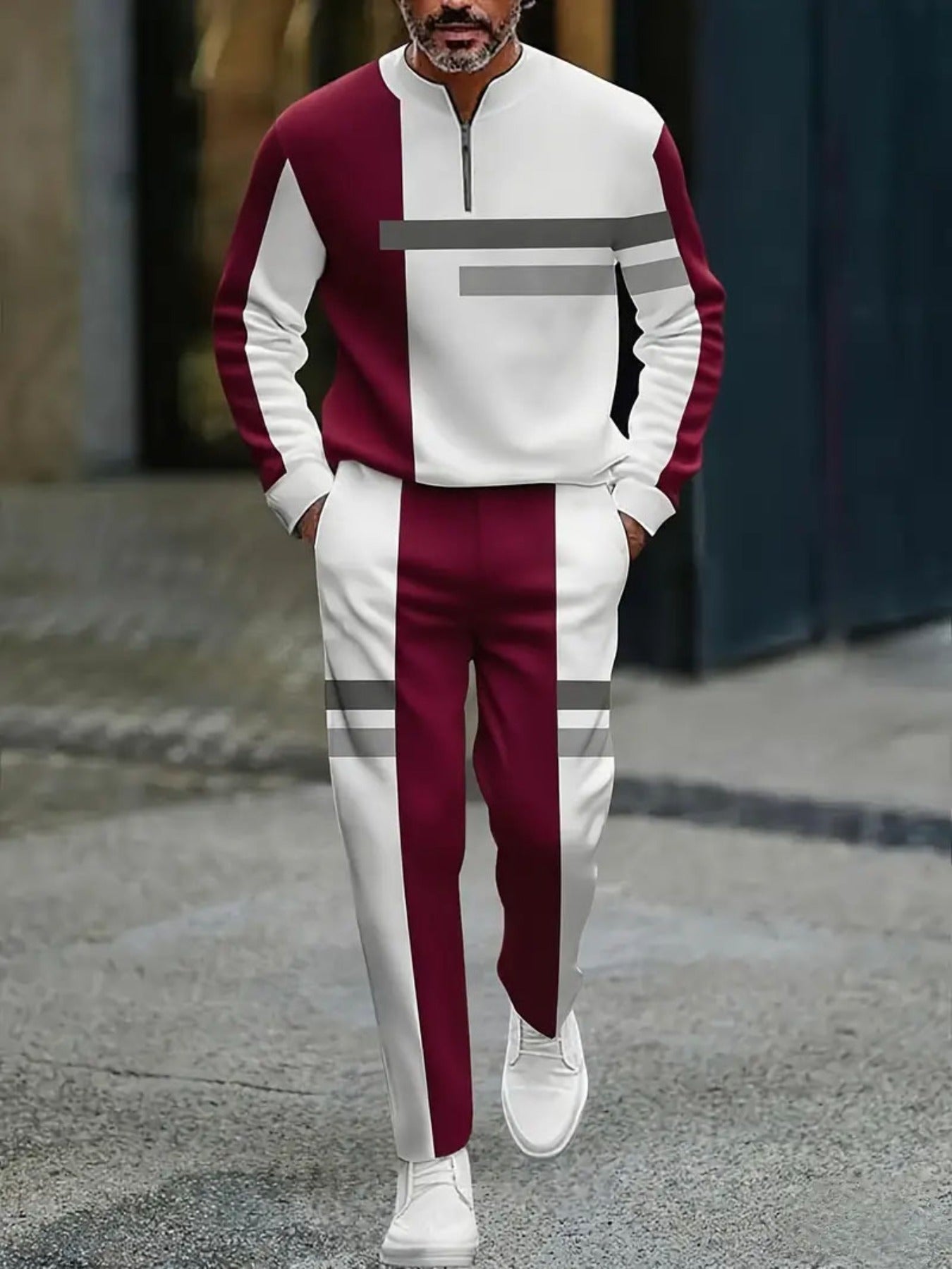 Men's Casual Hot Red & White Color Matching Geometric Printed Round-Neck Zipper Long Sleeved Sweatshirt & Trousers Two-Piece Set