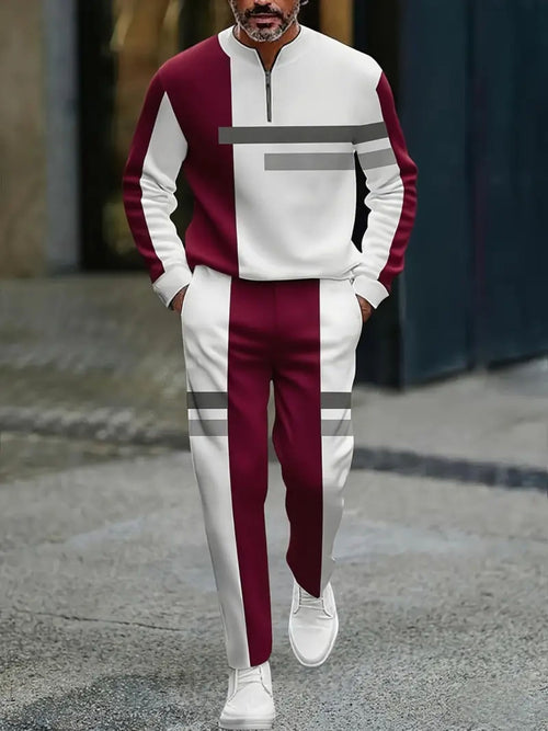 Men's Casual Hot Red & White Color Matching Geometric Printed Round-Neck Zipper Long Sleeved Sweatshirt & Trousers Two-Piece Set