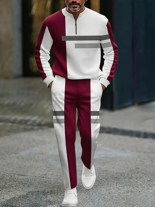 Men's Casual Hot Red & White Color Matching Geometric Printed Round-Neck Zipper Long Sleeved Sweatshirt & Trousers Two-Piece Set