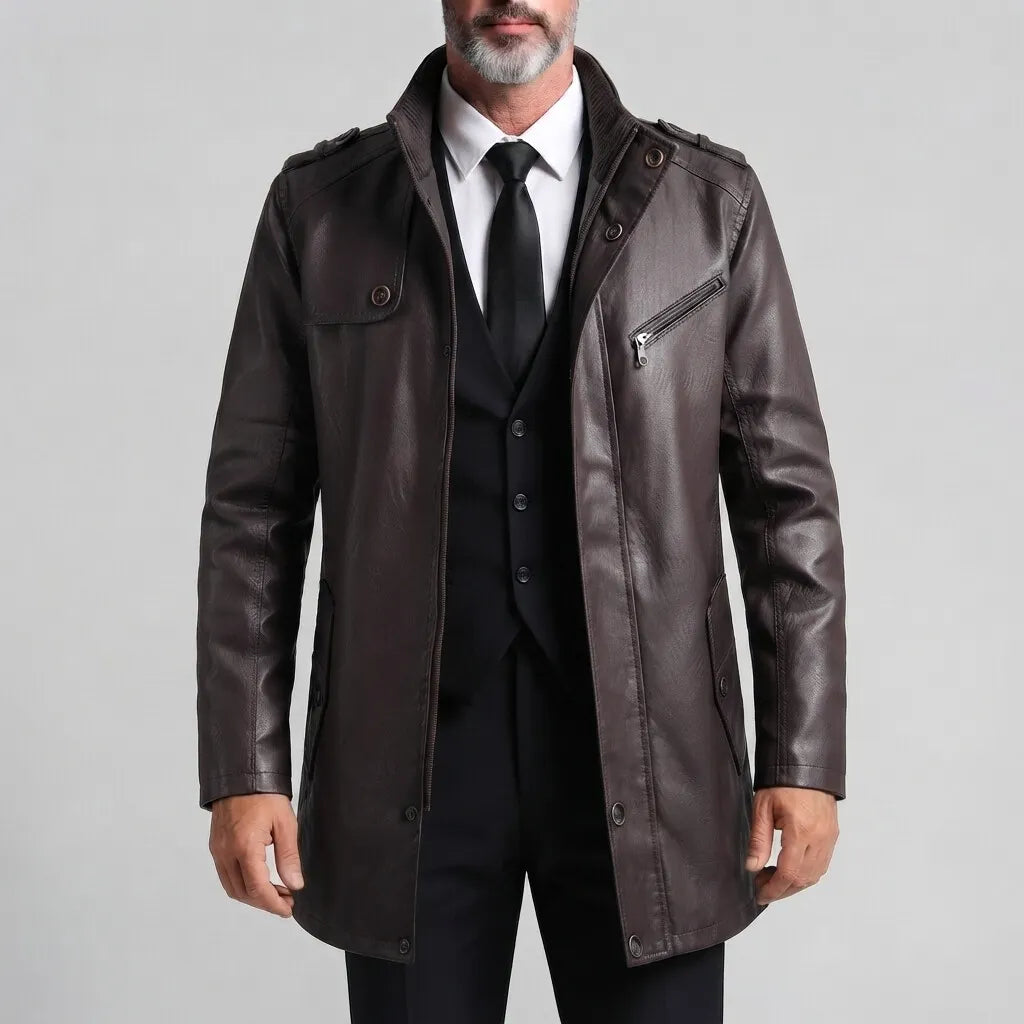 Men's Vintage Stand Collar Slim Fit Zipper Mid-Length PU Leather Jacket