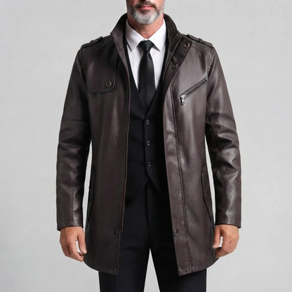 Men's Vintage Stand Collar Slim Fit Zipper Mid-Length PU Leather Jacket