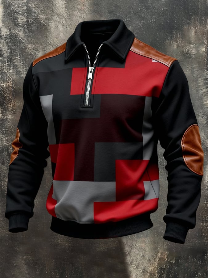 Men'S Vintage Color-Block Printed Zip-Up Sweatshirt