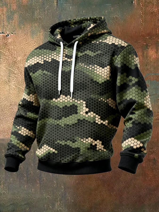 Men's Retro Distressed Color Block Camouflage Print Casual Long Sleeve Sweatshirt