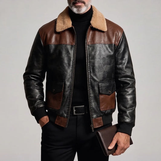 Men's Vintage Colorblock Flap Pocket Fluffy Turndown Collar Zip-Up PU Leather Jacket