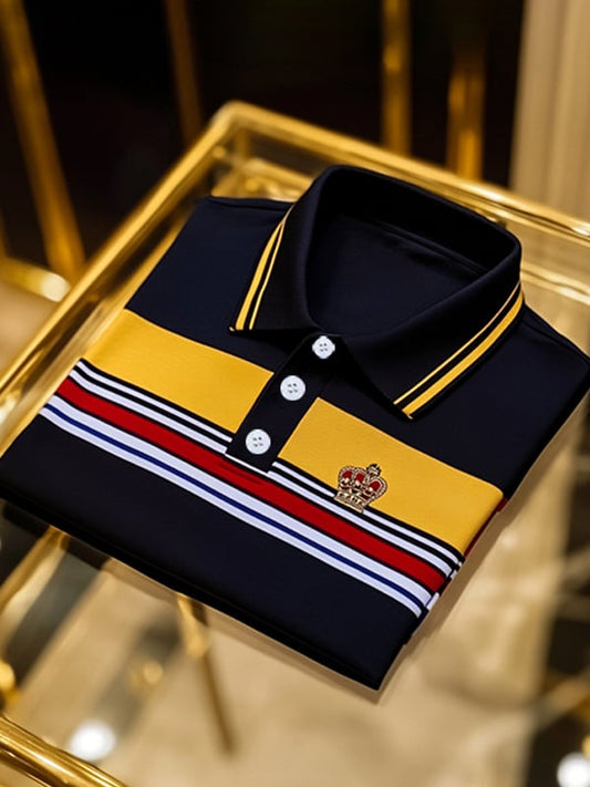 Men's Business Stripe Logo Print Short Sleeve Polo Shirt