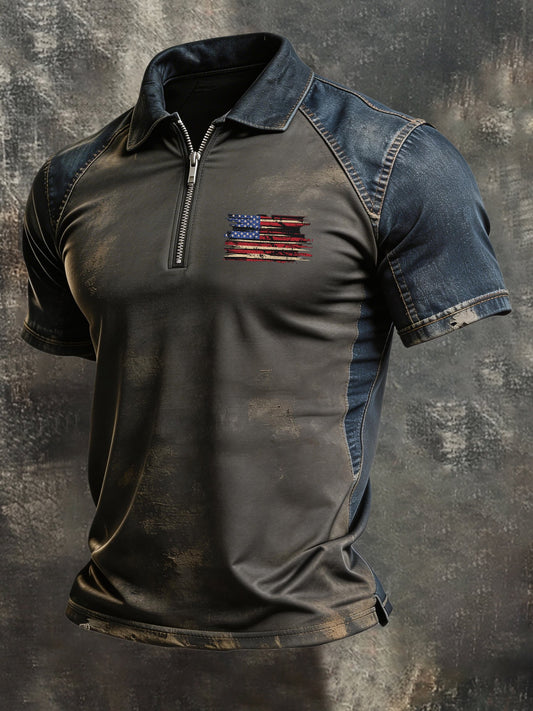 Men's Retro "Patriot" Color-Block Short-Sleeve Half-Zip Polo Shirt
