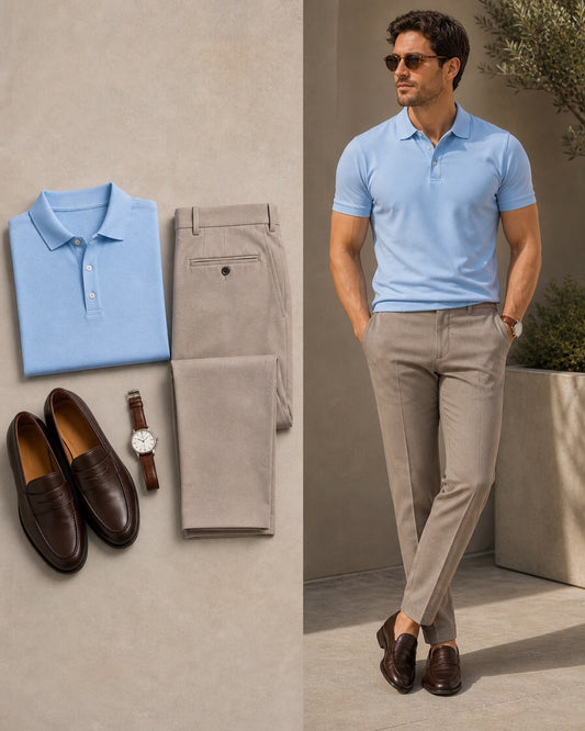 Men's Casual Blue Color Short Sleeves Polo Shirt & Jeans Pants Two Piece Set