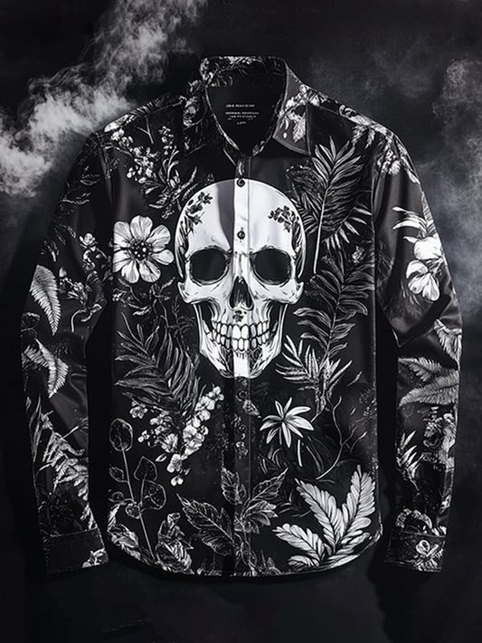 Men's Outdoor Vintage Skull and Floral Long Sleeve Shirt